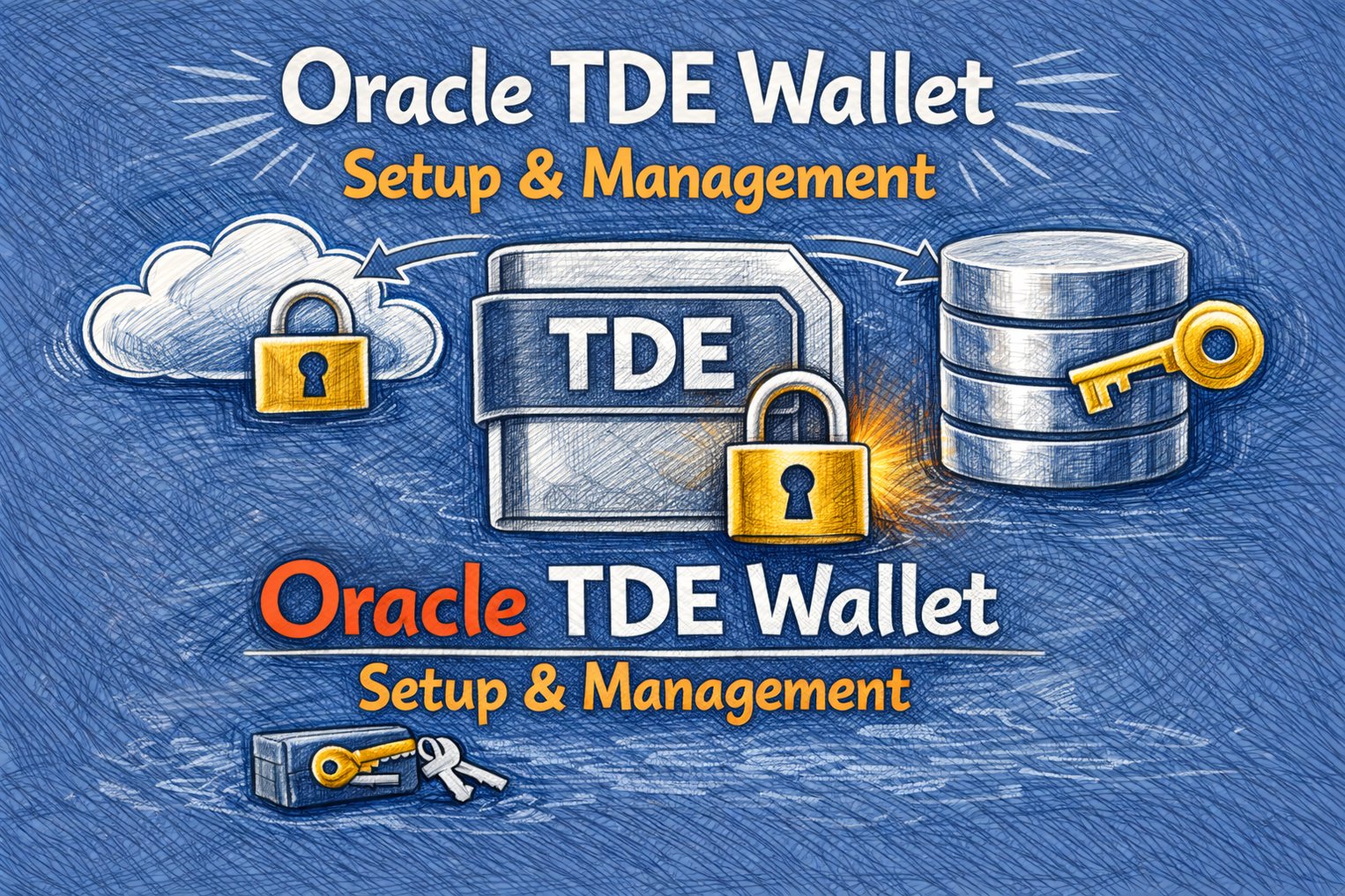 Graphical representation of Oracle TDE (Transparent Data Encryption) Wallet setup and management.