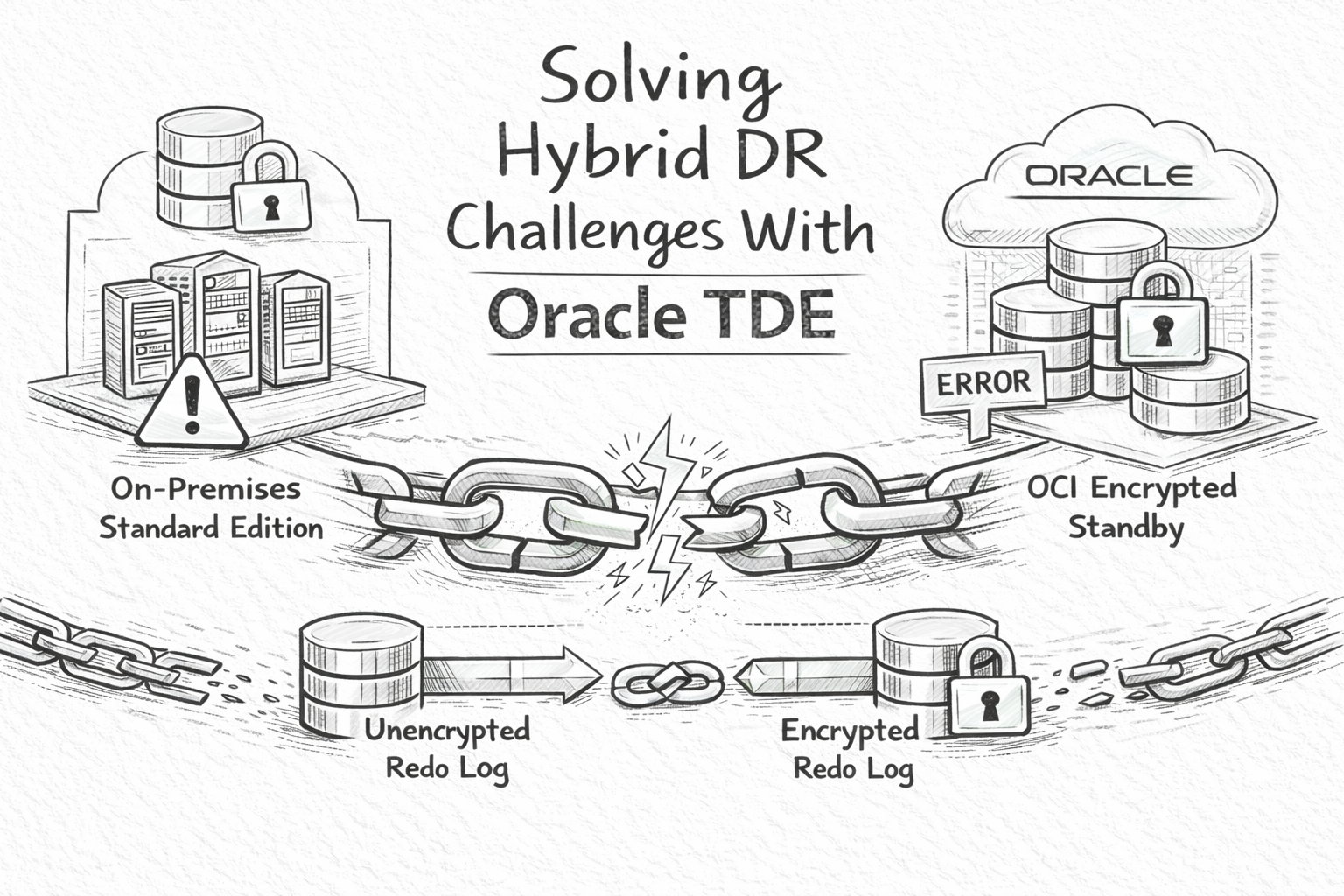 Illustration of a broken link between on-premises Oracle and OCI encrypted standby, highlighting hybrid DR challenges with Oracle TDE and redo log encryption mismatch.