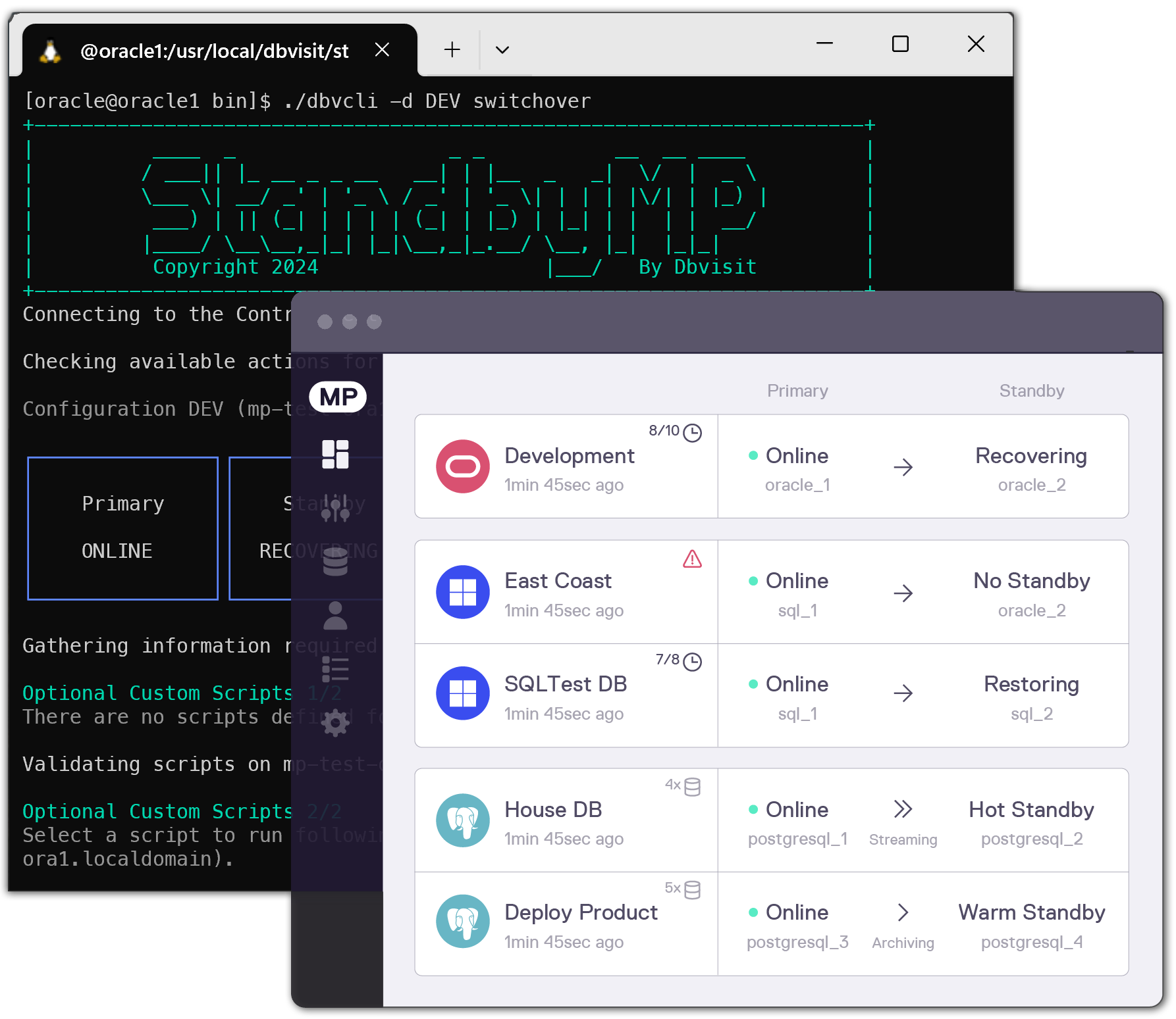 Command line image and Graphical User Interface images of Dbvisit StandbyMP